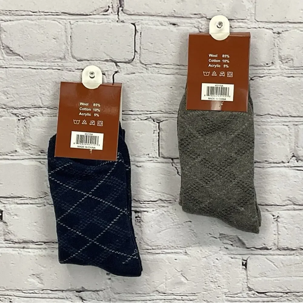 Max Adams Lamb Wool Socks Men's Size 10-13 Blue/Gray Diamond 2 Pair Casual Comfy